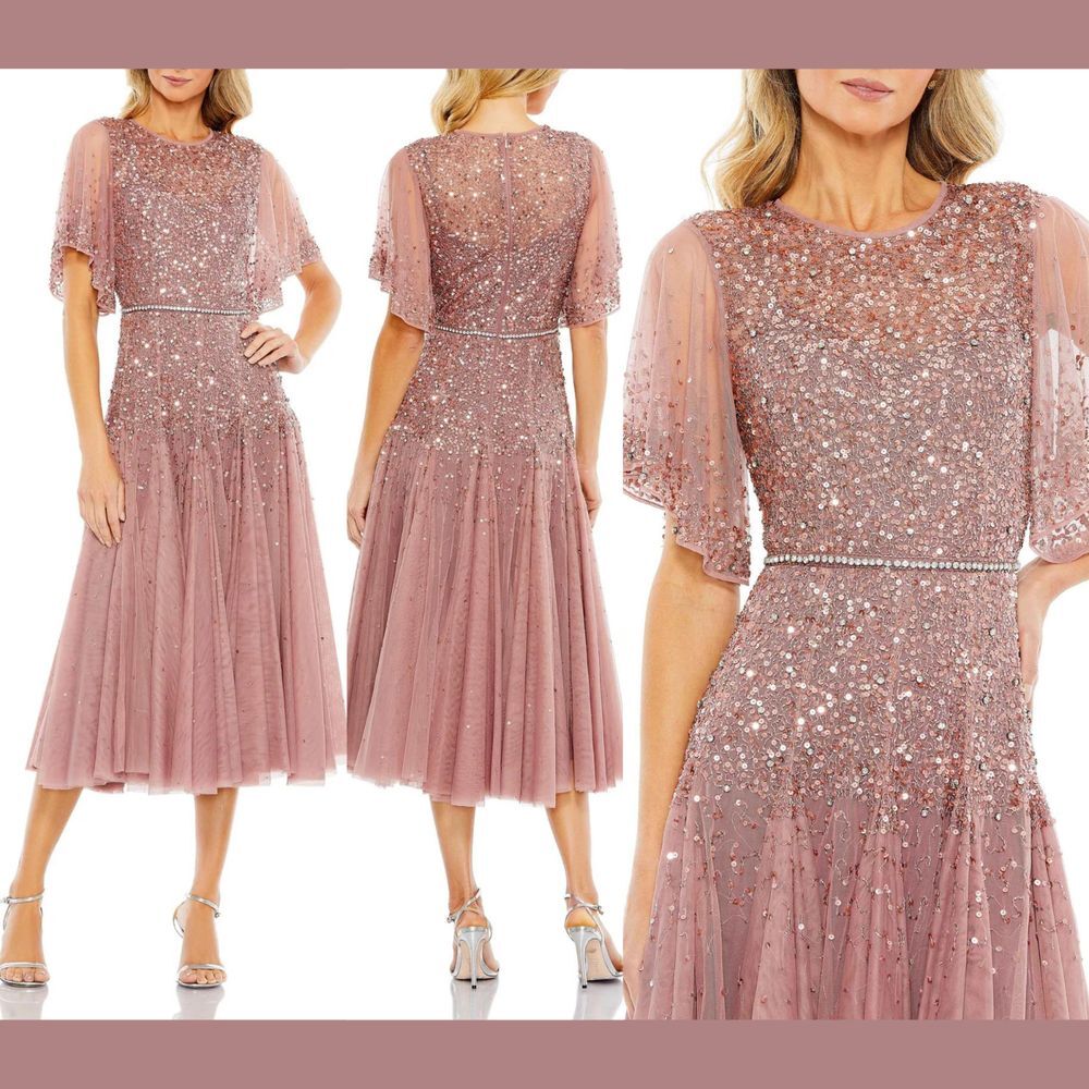 NWT $598 Mac‎ Duggal [ 18 ] Cape Sleeve Beaded Tea A-Line Dress Rosewood #S944